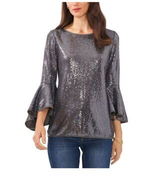 Vince Camuto SILVER Women's Metallic Knit Flutter Sleeve Top